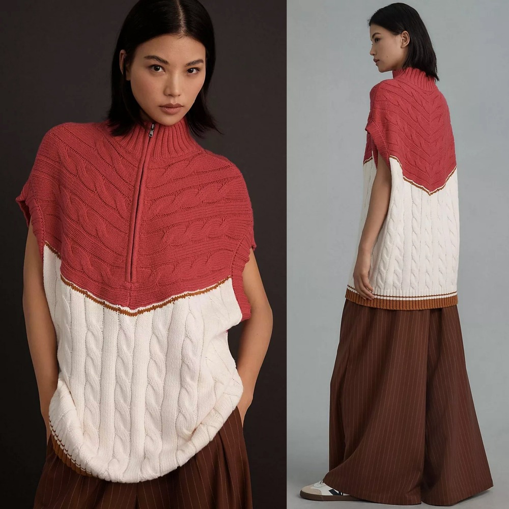 Anthropologie Maeve Short-Sleeve Quarter-Zip Oversized Sweater Vest S/M Cable
